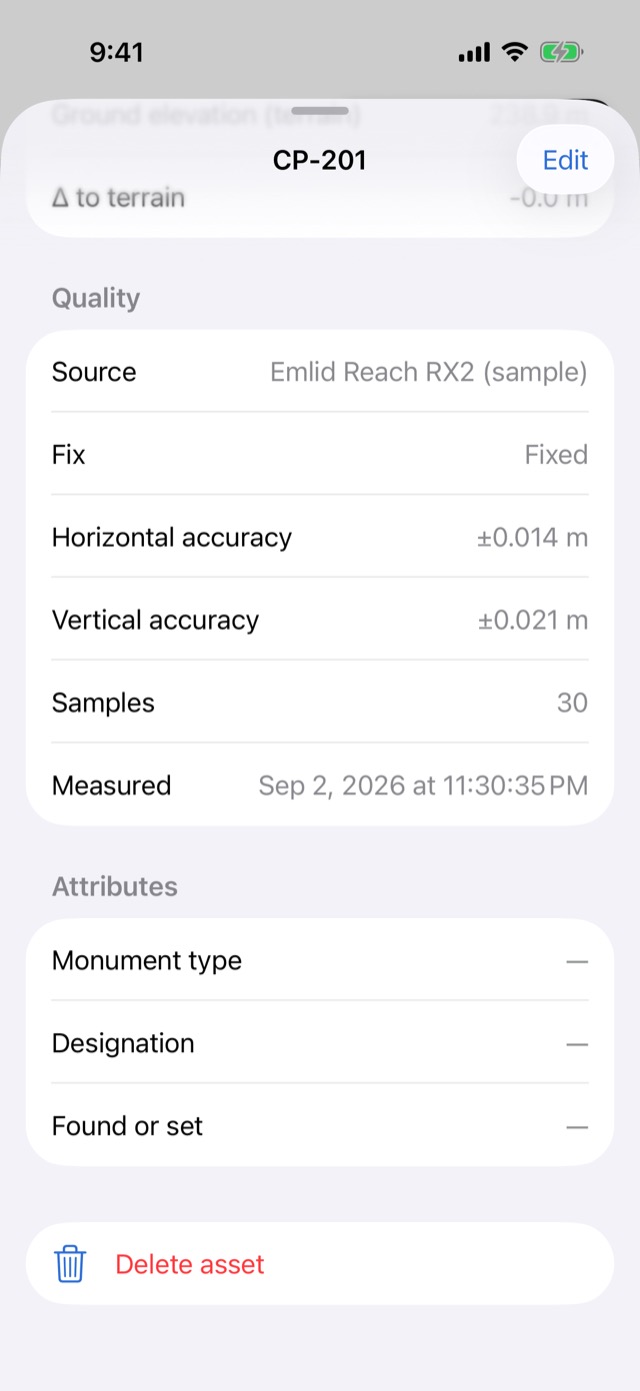 CP-201's details scrolled to Quality: source, fix Fixed, horizontal and vertical accuracy, 30 samples and when it was measured, then Attributes and Delete asset