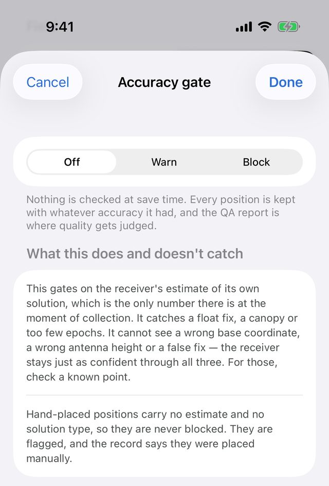The Accuracy gate sheet with Off selected in the Off, Warn and Block control, the note Nothing is checked at save time, and a panel explaining what the gate does and doesn't catch