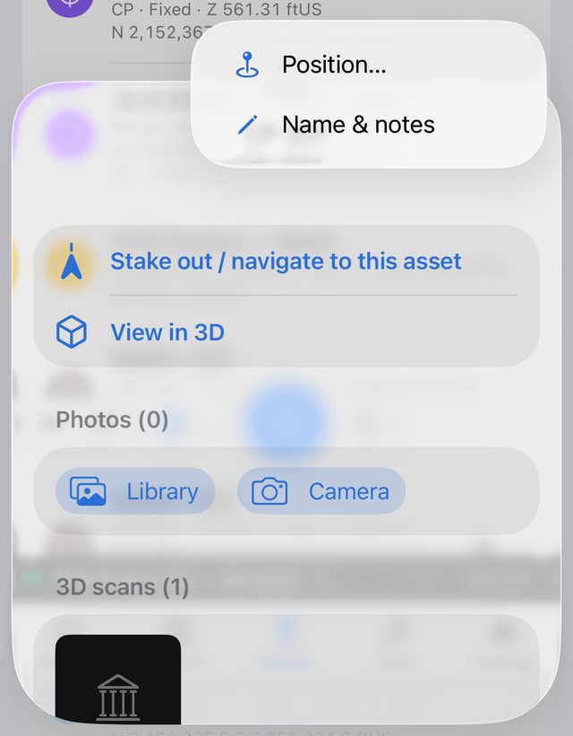 The Edit menu open on an asset's details, offering Position… and Name & notes, above Stake out / navigate to this asset and View in 3D
