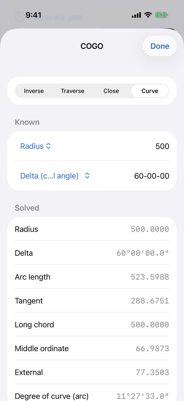 COGO Curve with Radius 500 and Delta 60-00-00 known, solved for arc length 523.5988, tangent 288.6751, long chord 500.0000, middle ordinate 66.9873, external 77.3503 and degree of curve 11°27'33.0