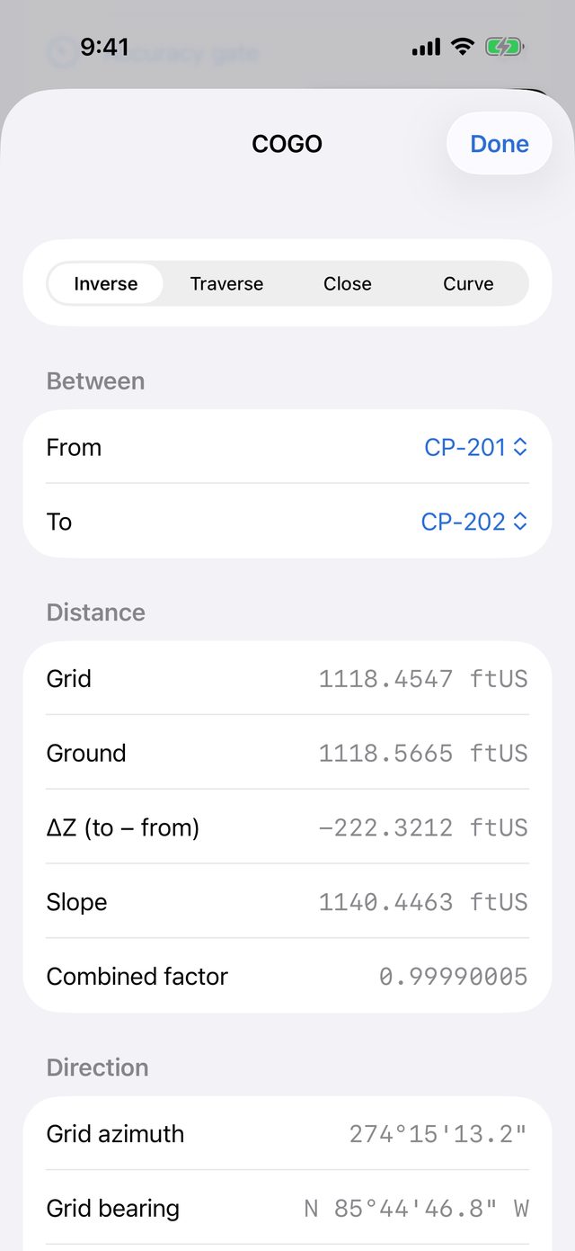 COGO Inverse from CP-201 to CP-202: grid 1118.4547 ftUS, ground 1118.5665 ftUS, ΔZ −222.3212 ftUS, slope 1140.4463 ftUS, combined factor 0.99990005, grid azimuth 274°15'13.2 and grid bearing N 85°44'46.8 W