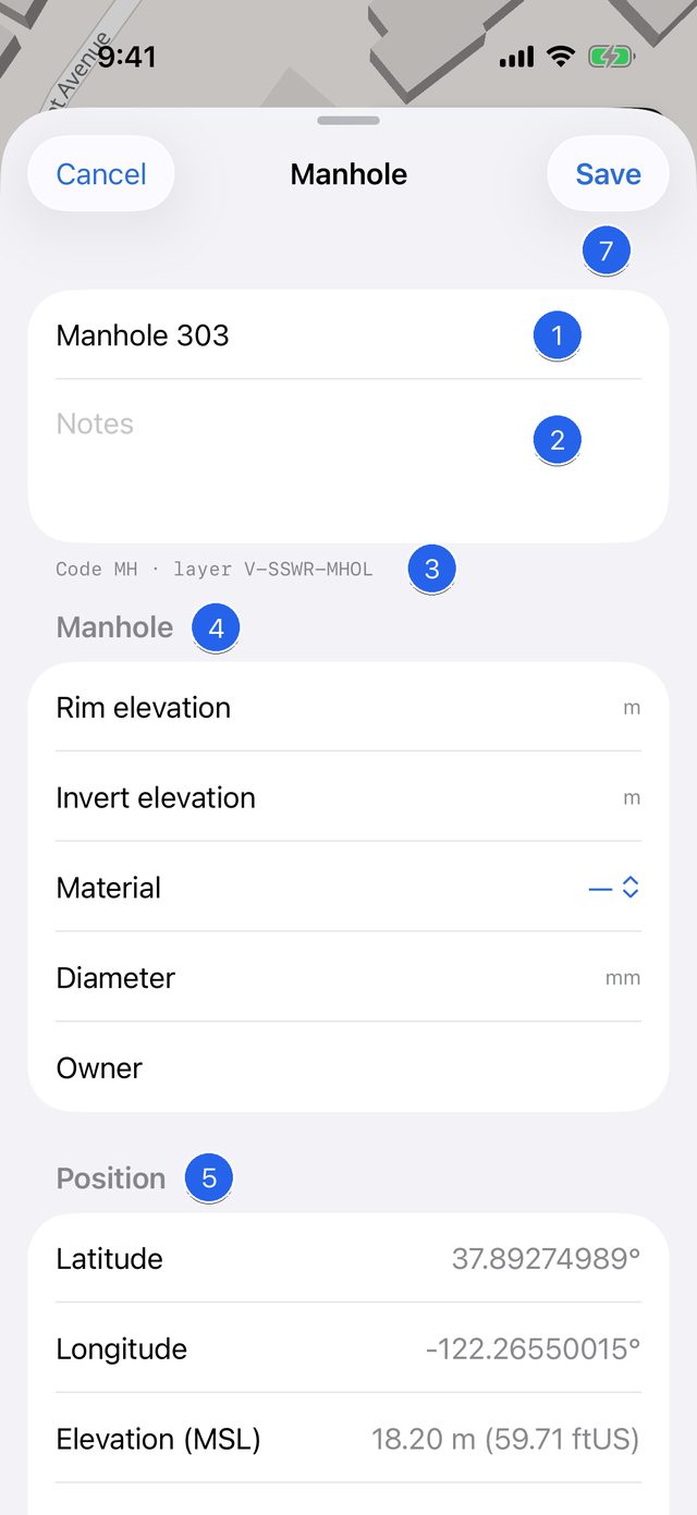 The form for a Manhole, with Save at the top right, the name Manhole 303, an empty Notes box, Code MH · layer V-SSWR-MHOL, the Manhole fields Rim elevation, Invert elevation, Material, Diameter and Owner, and the Position section