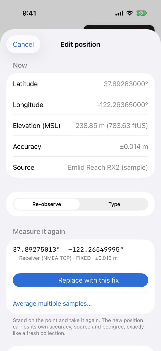 The Edit position sheet for a point: under Now, latitude, longitude, elevation 238.85 m (783.63 ftUS), accuracy ±0.014 m and a sample receiver source; Re-observe selected, with the live fix at FIXED ±0.013 m, Replace with this fix and Average multiple samples…