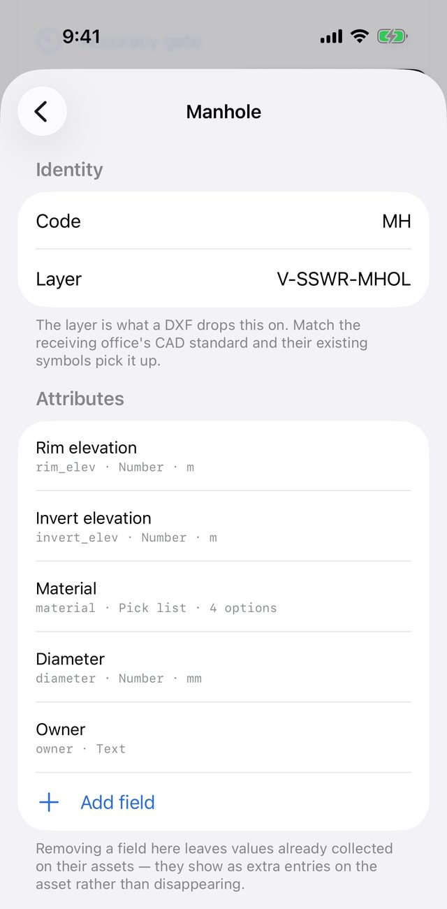 The Manhole type opened: Identity with Code MH and Layer V-SSWR-MHOL, and Attributes Rim elevation, Invert elevation, Material (pick list, 4 options), Diameter (mm) and Owner, with Add field