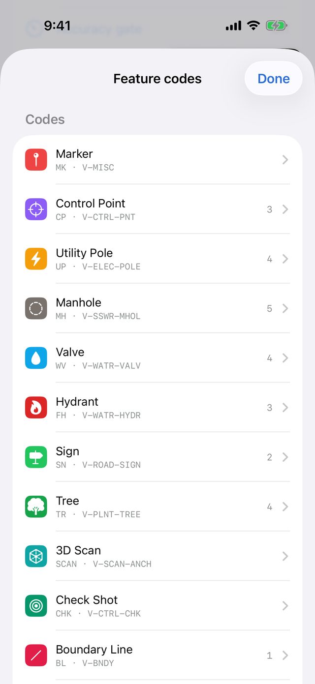 Feature codes list with each type's code and layer, such as Marker MK V-MISC, Control Point CP V-CTRL-PNT, Manhole MH V-SSWR-MHOL and Boundary Line BL V-BNDY, with attribute counts on the right