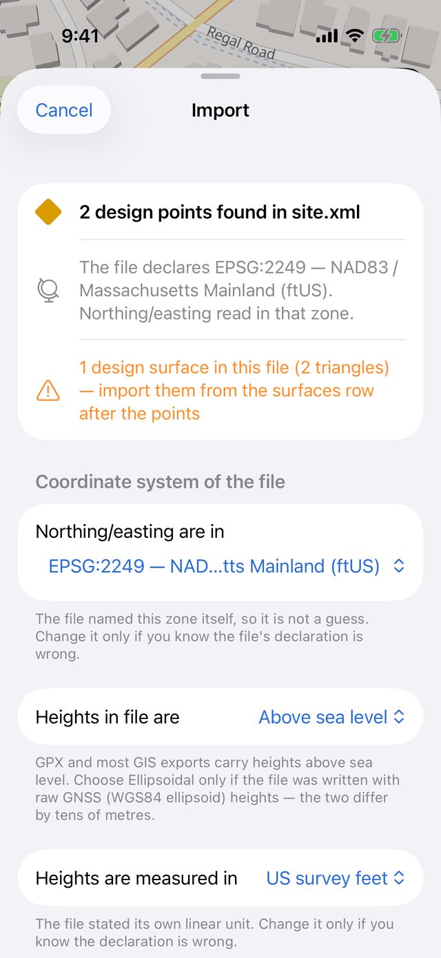 The Import sheet for site.xml: 2 design points found, a note that the file declares EPSG:2249 NAD83 / Massachusetts Mainland (ftUS), an orange warning about 1 design surface, then Northing/easting are in EPSG:2249, Heights in file are Above sea level, and Heights are measured in US survey feet