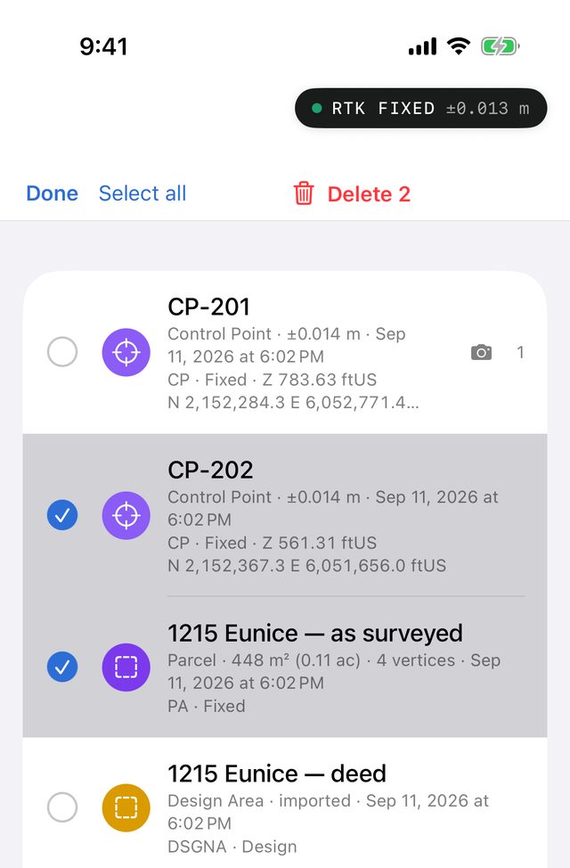 The asset list in select mode, with CP-202 and the parcel 1215 Eunice — as surveyed ticked, and Done, Select all and Delete 2 at the top