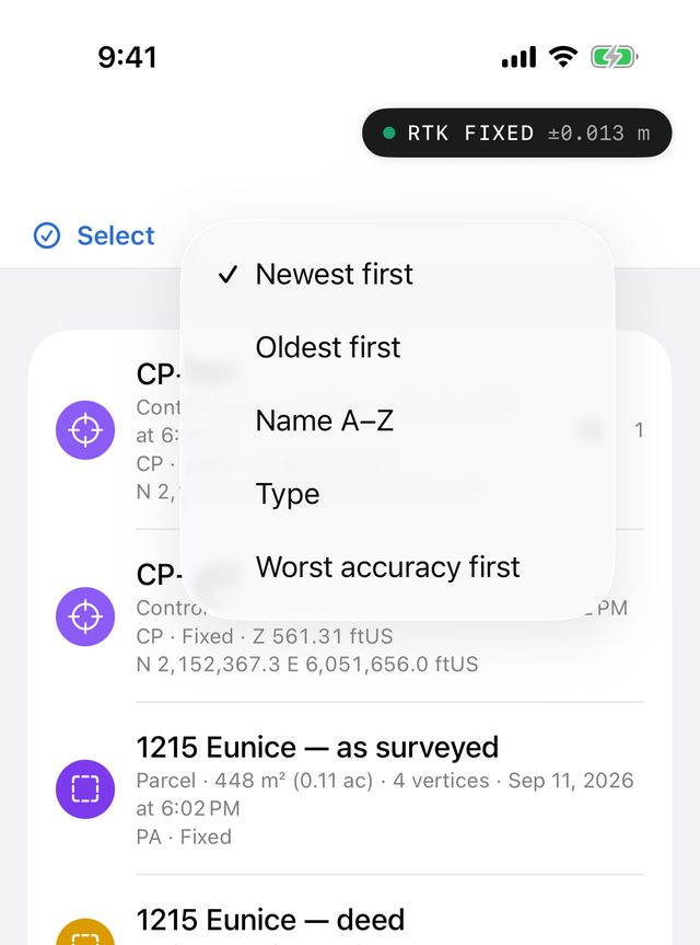 The sort menu open over the asset list, with Newest first ticked, then Oldest first, Name A–Z, Type and Worst accuracy first