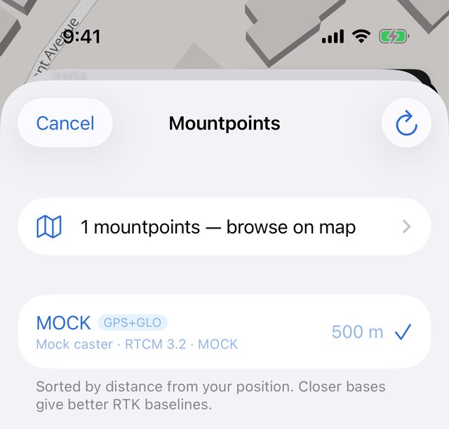 The Mountpoints list with a browse on map row and one sample mountpoint, MOCK (GPS+GLO, Mock caster · RTCM 3.2), 500 m away with a check mark, above the note Sorted by distance from your position