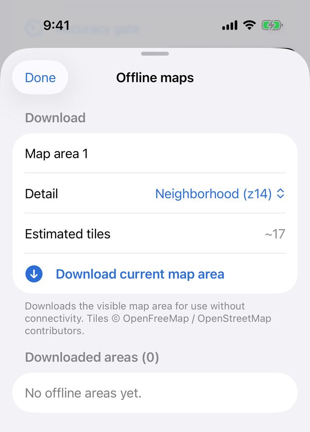 The Offline maps sheet with the area name Map area 1, Detail set to Neighborhood (z14), about 17 estimated tiles, the Download current map area button, and no downloaded areas yet