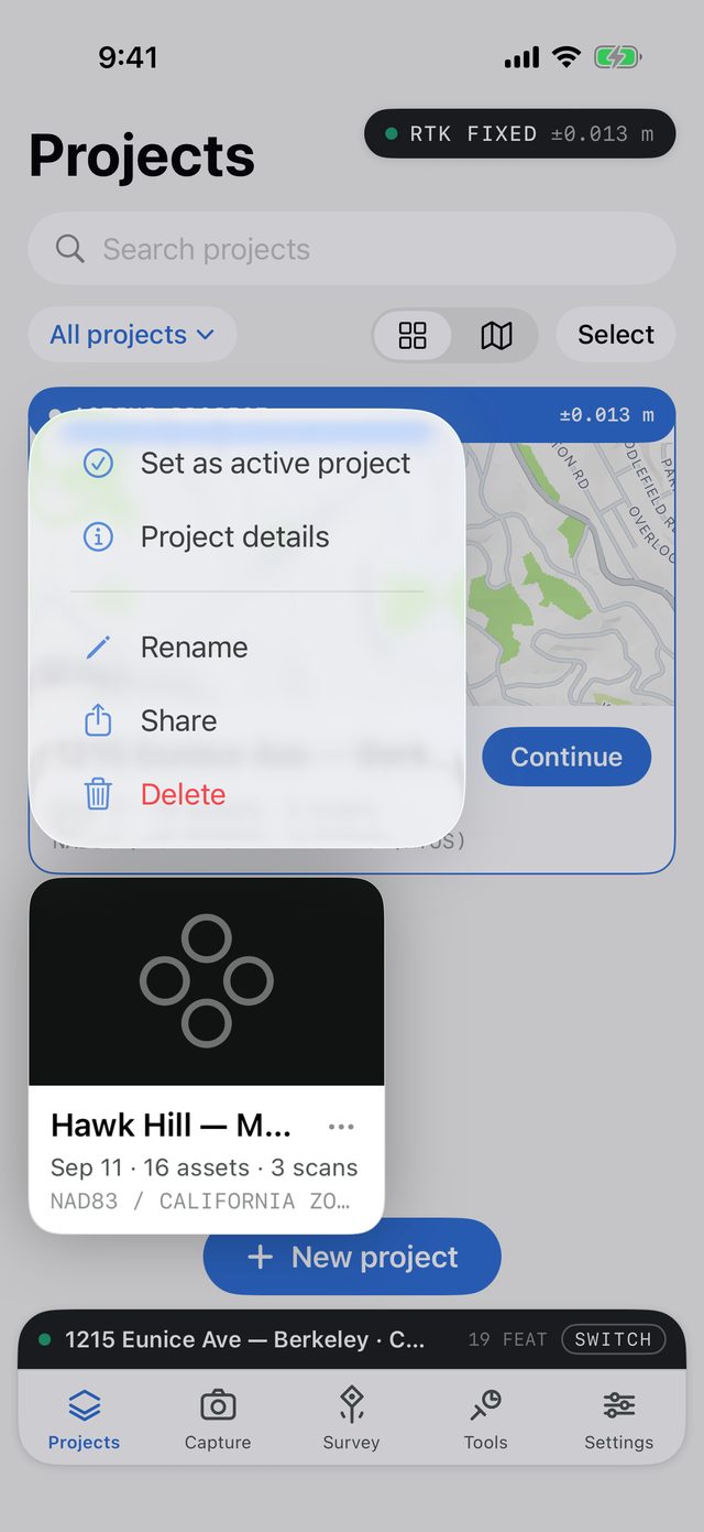 The project menu open over a long-pressed Hawk Hill card, with Set as active project, Project details, Rename, Share and Delete