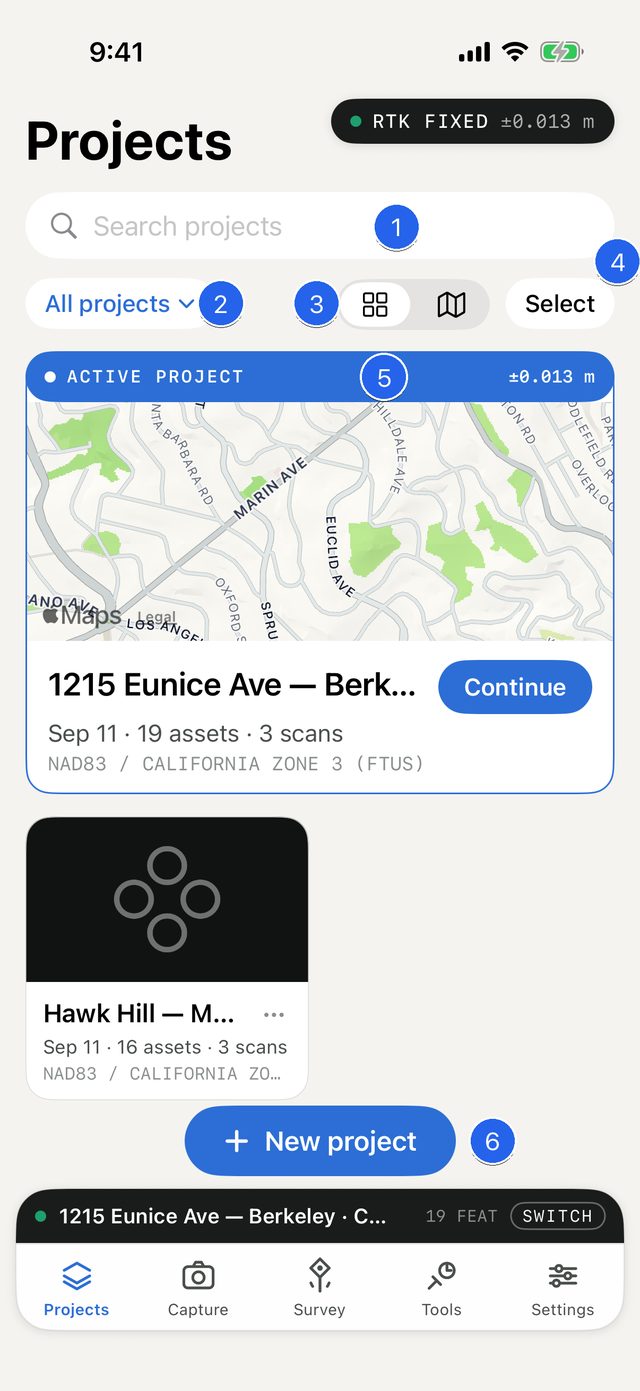 The Projects tab: the search box, the All projects filter, the grid and map switch, Select, the wide active project card for 1215 Eunice Ave with a map and Continue, a Hawk Hill project card, and New project