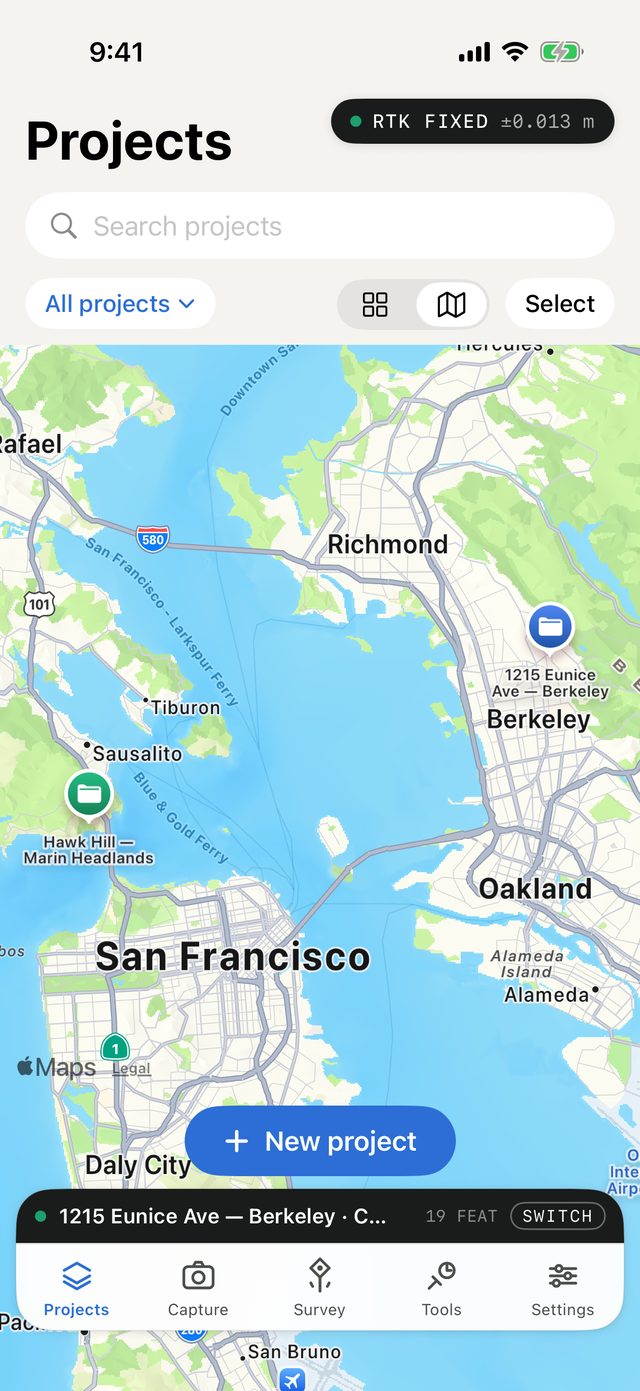 The Projects tab in map view over the San Francisco Bay: a blue folder pin for the active project 1215 Eunice Ave in Berkeley and a green pin for Hawk Hill in the Marin Headlands