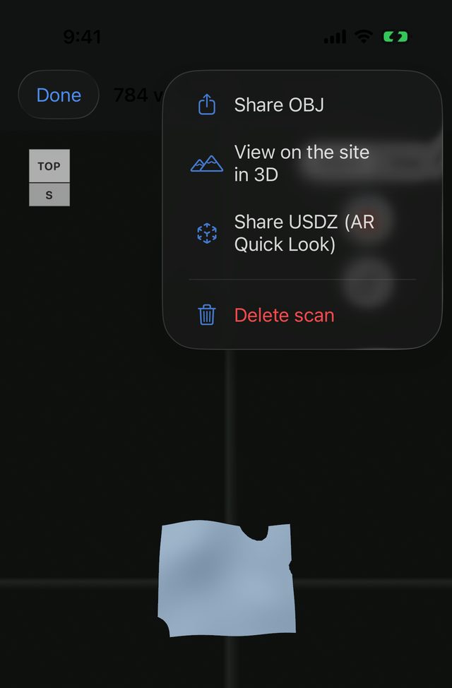 The 3D viewer showing a sample mesh scan with the ⋯ menu open: Share OBJ, View on the site in 3D, Share USDZ (AR Quick Look) and Delete scan