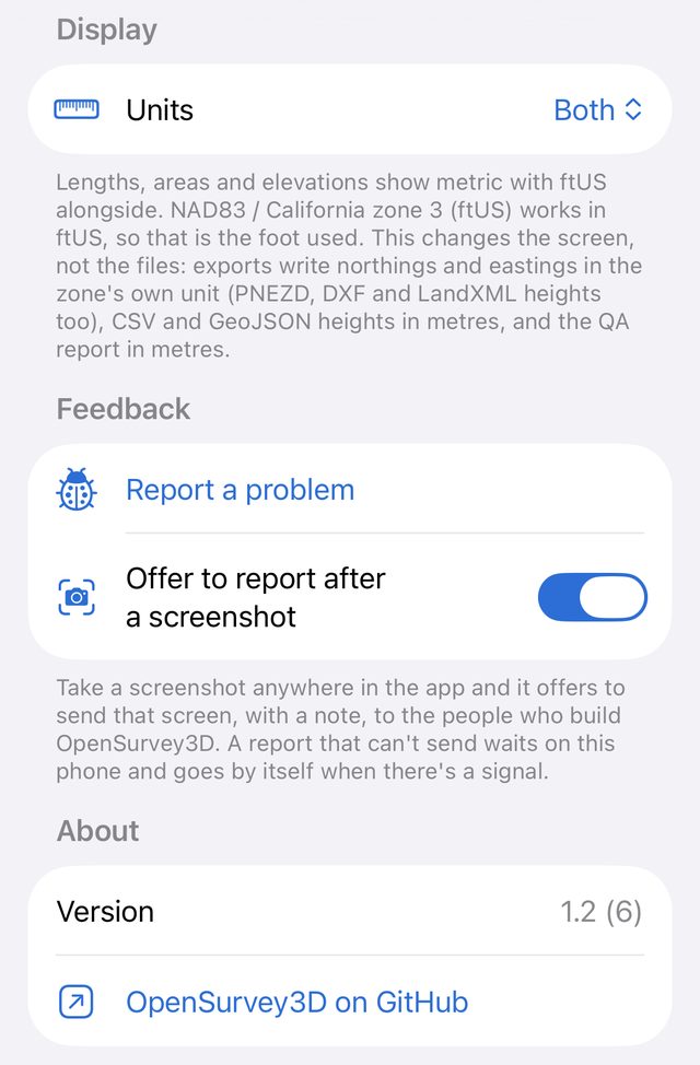 The lower part of the Settings tab: Display with Units set to Both and a footer saying NAD83 / California zone 3 (ftUS) works in ftUS, Feedback with Report a problem and Offer to report after a screenshot switched on, and About with Version 1.2 (6) and OpenSurvey3D on GitHub