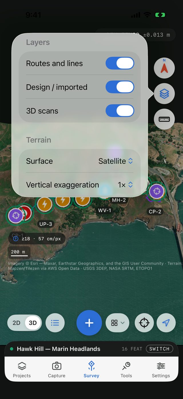 The Layers menu open over the 3D site model, with the Routes and lines, Design / imported and 3D scans switches on, and the Terrain section showing Surface set to Satellite and Vertical exaggeration at 1×