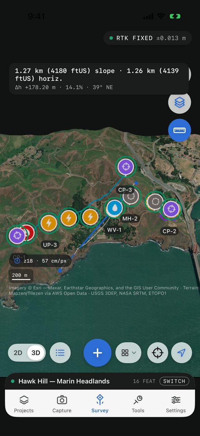 A two-point measurement in the 3D view: the ruler button is blue, a blue line joins two points across the terrain, and the chip at the top reads 1.27 km slope · 1.26 km horiz. and Δh +178.20 m · 14.1% · 39° NE, with feet shown alongside the metres