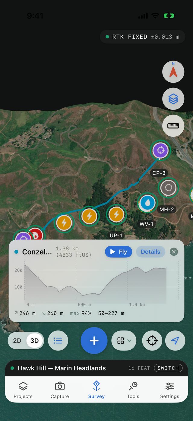 The route panel for a line on Hawk Hill: its name, a length of 1.38 km, the Fly and Details buttons, the elevation profile chart, and 246 m climb, 260 m descent, max 94% and a 50–227 m range underneath