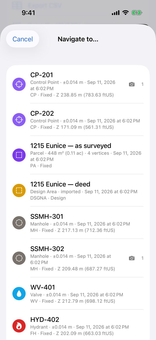 The Navigate to… list showing control points CP-201 and CP-202, the parcel 1215 Eunice — as surveyed, the design area 1215 Eunice — deed, manholes SSMH-301 and SSMH-302, valve WV-401 and hydrant HYD-402, each with its type and code, and the points with their accuracy and elevation