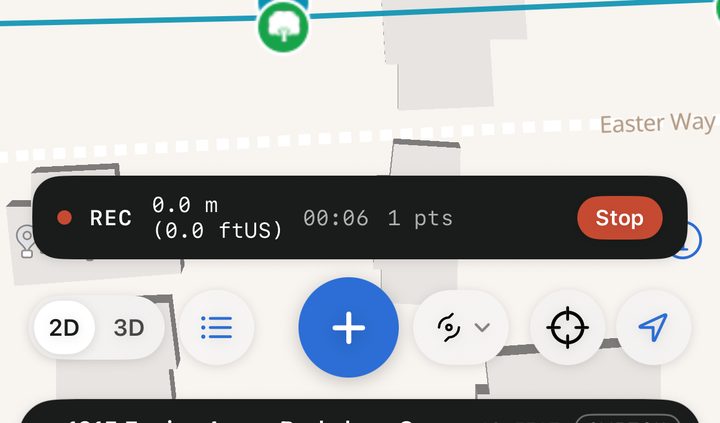The track chip above the Survey map controls, with a red dot, REC, 0.0 m (0.0 ftUS), 00:06, 1 pts and a red Stop button