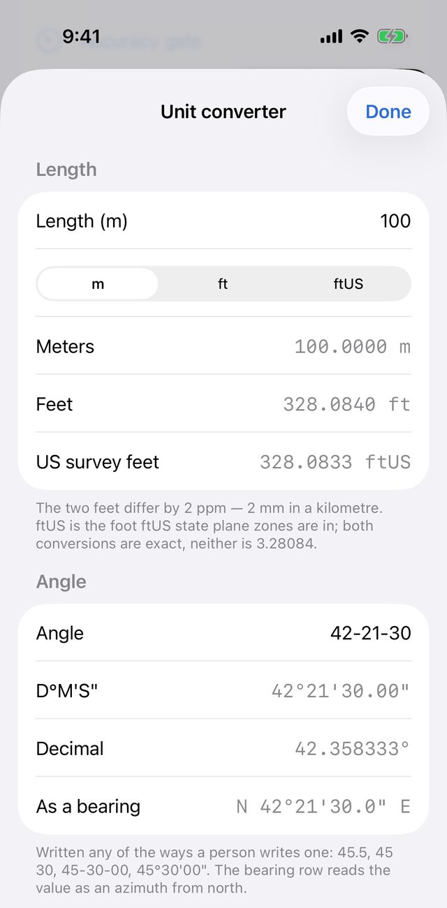 Unit converter with 100 entered in metres, giving 100.0000 m, 328.0840 ft and 328.0833 ftUS, and the angle 42-21-30 shown in degrees-minutes-seconds, as 42.358333° and as the bearing N 42°21'30.0 E