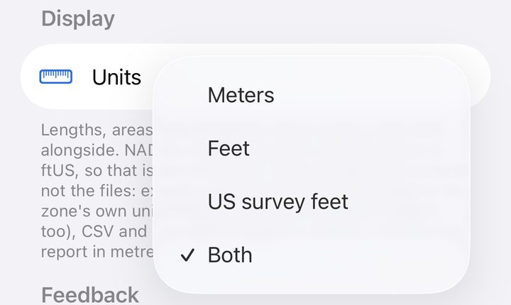 The Units menu open under Settings, Display, with Meters, Feet, US survey feet and Both, and Both checked
