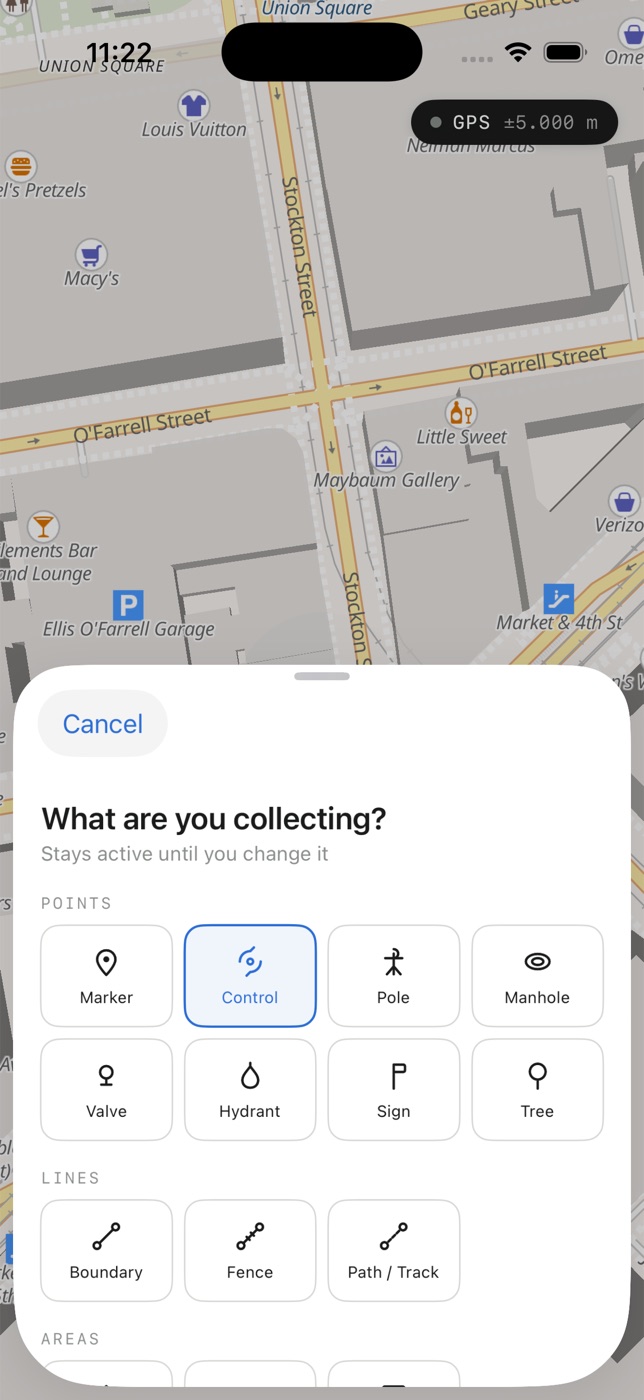 Feature chooser with point, line, and area survey types