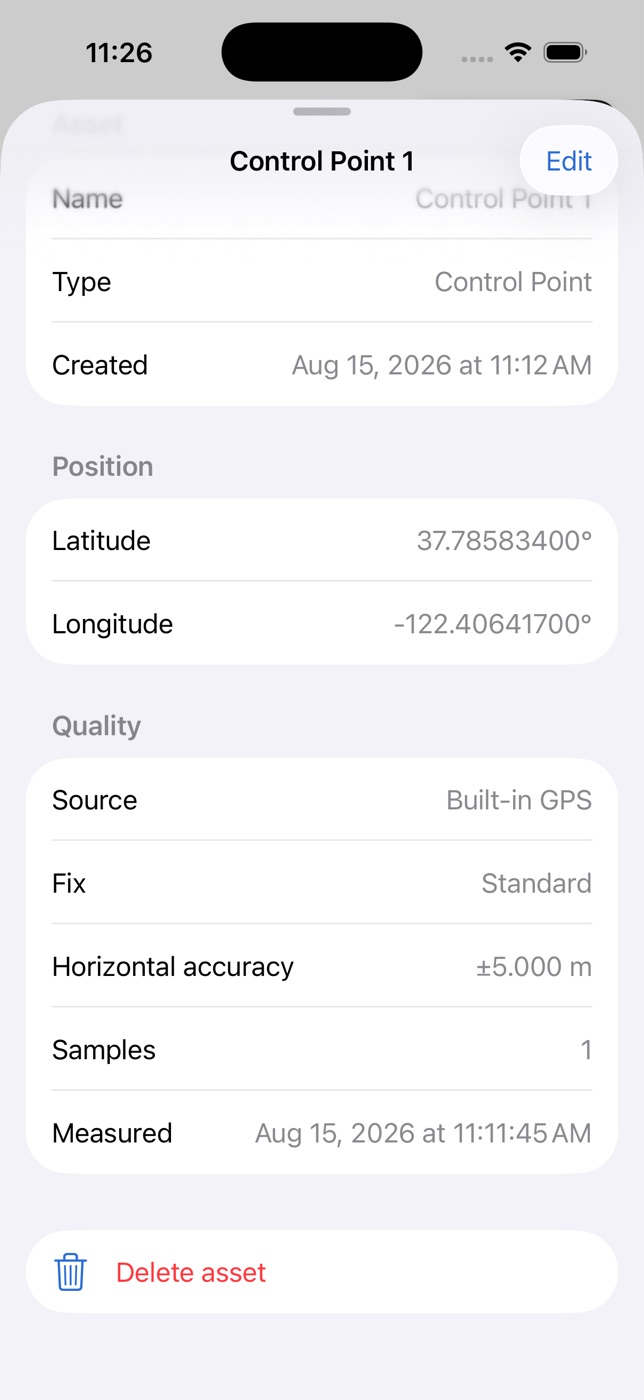 Asset audit trail with measured coordinates, positioning source, fix type, accuracy, samples, and timestamp