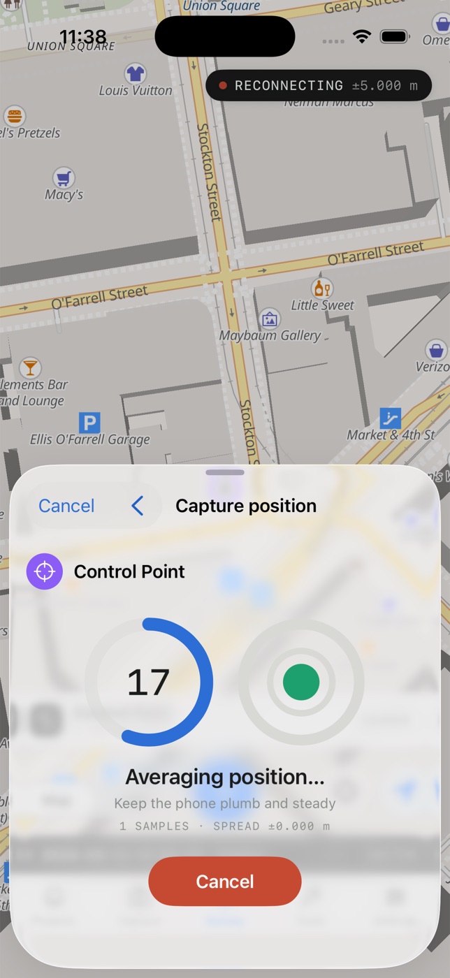 Guided multi-sample survey occupation with countdown, level indicator, sample count, and RMS spread