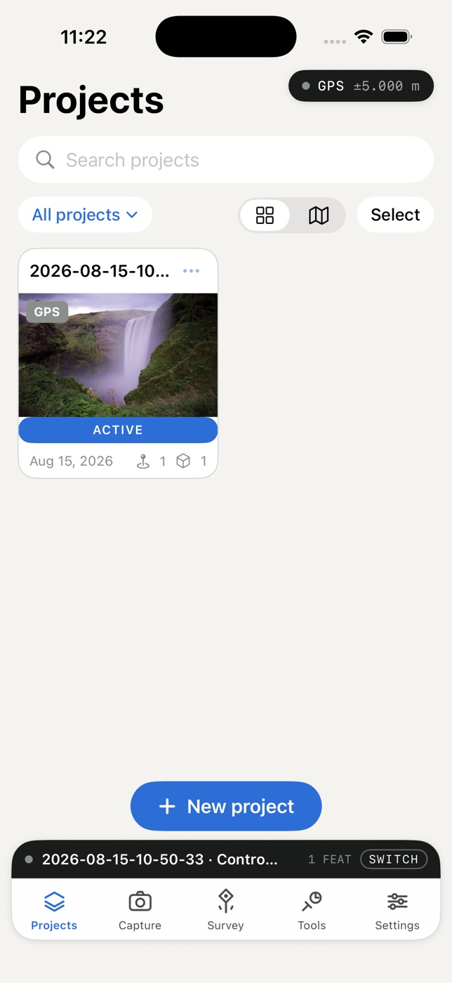 Project browser organizing field assets, captures, and 3D scans by survey project