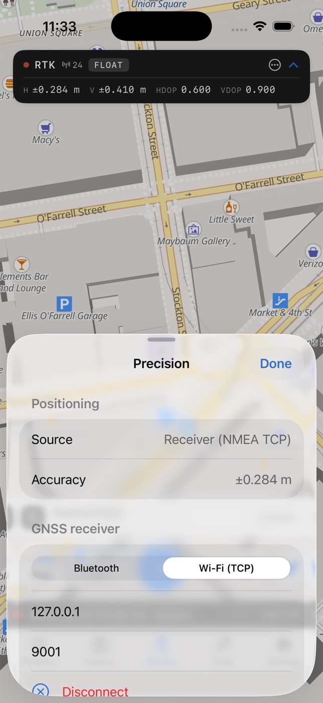 OpenSurvey3D precision panel and expanded GNSS toolbar showing RTK fix state and accuracy details
