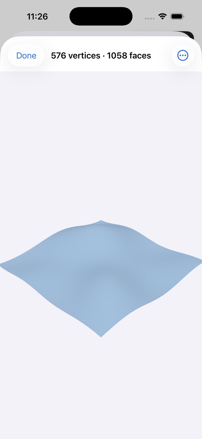 OpenSurvey3D in-app 3D mesh viewer showing a georeferenced field scan